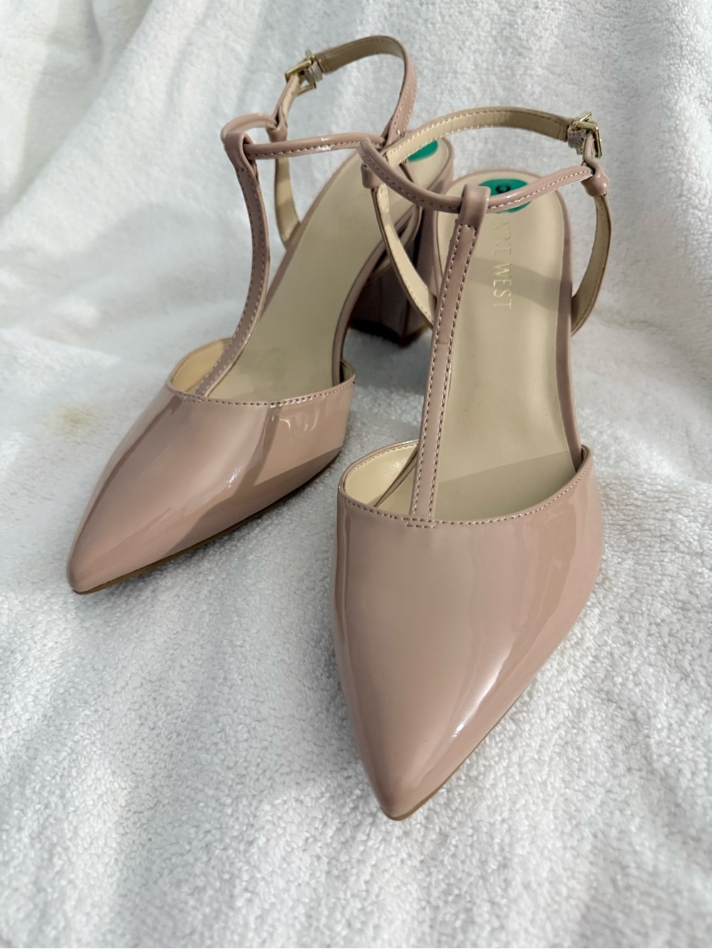 Nine West Patent Pointed T-Strap Pumps - Nude Blush